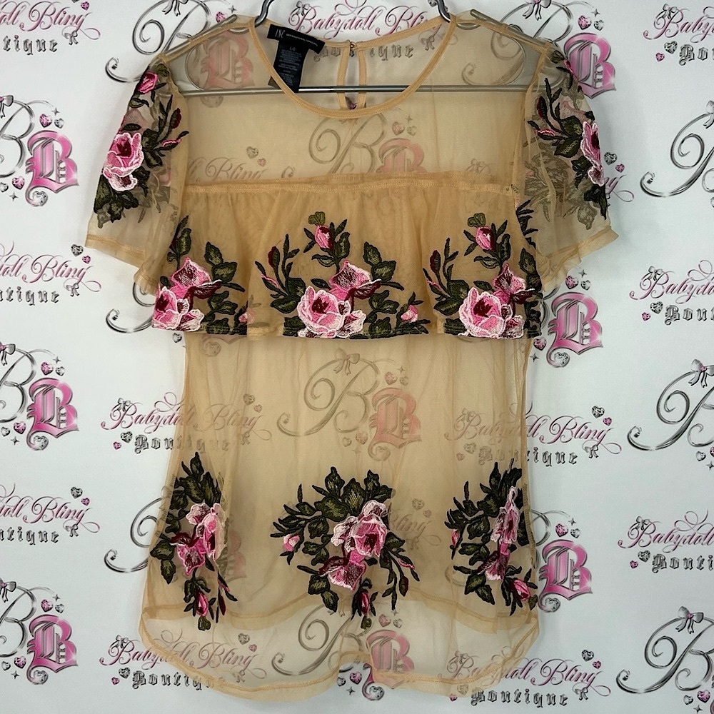 INC International Concepts Floral Sheer Blouse - Tan and Pink roses embroidered